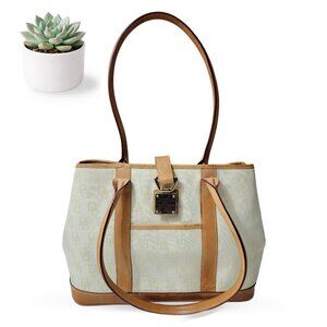 Dooney & Bourke DB Monogram Tote Bag Cream Canvas Brown Leather Shoulder Bag